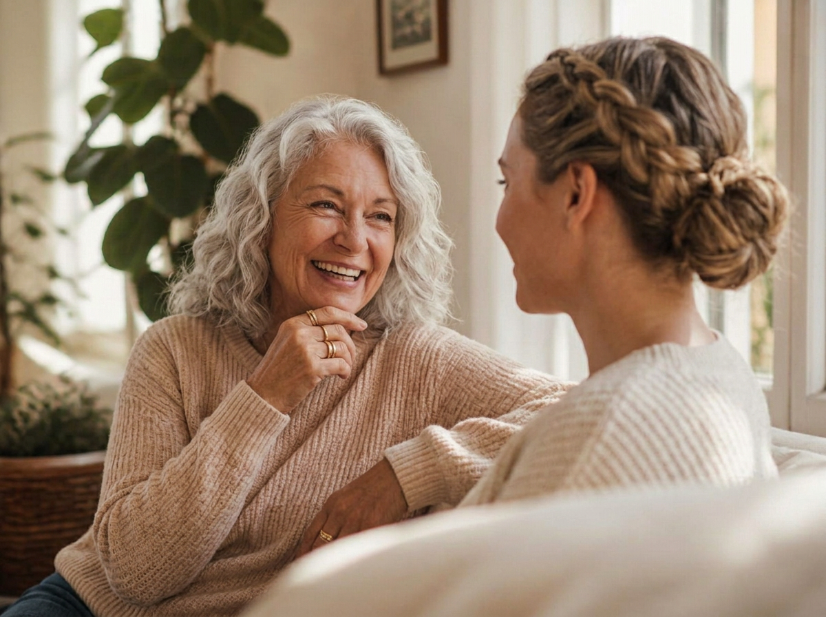 An older woman laughing in conversation with her companion in a sunlit living room