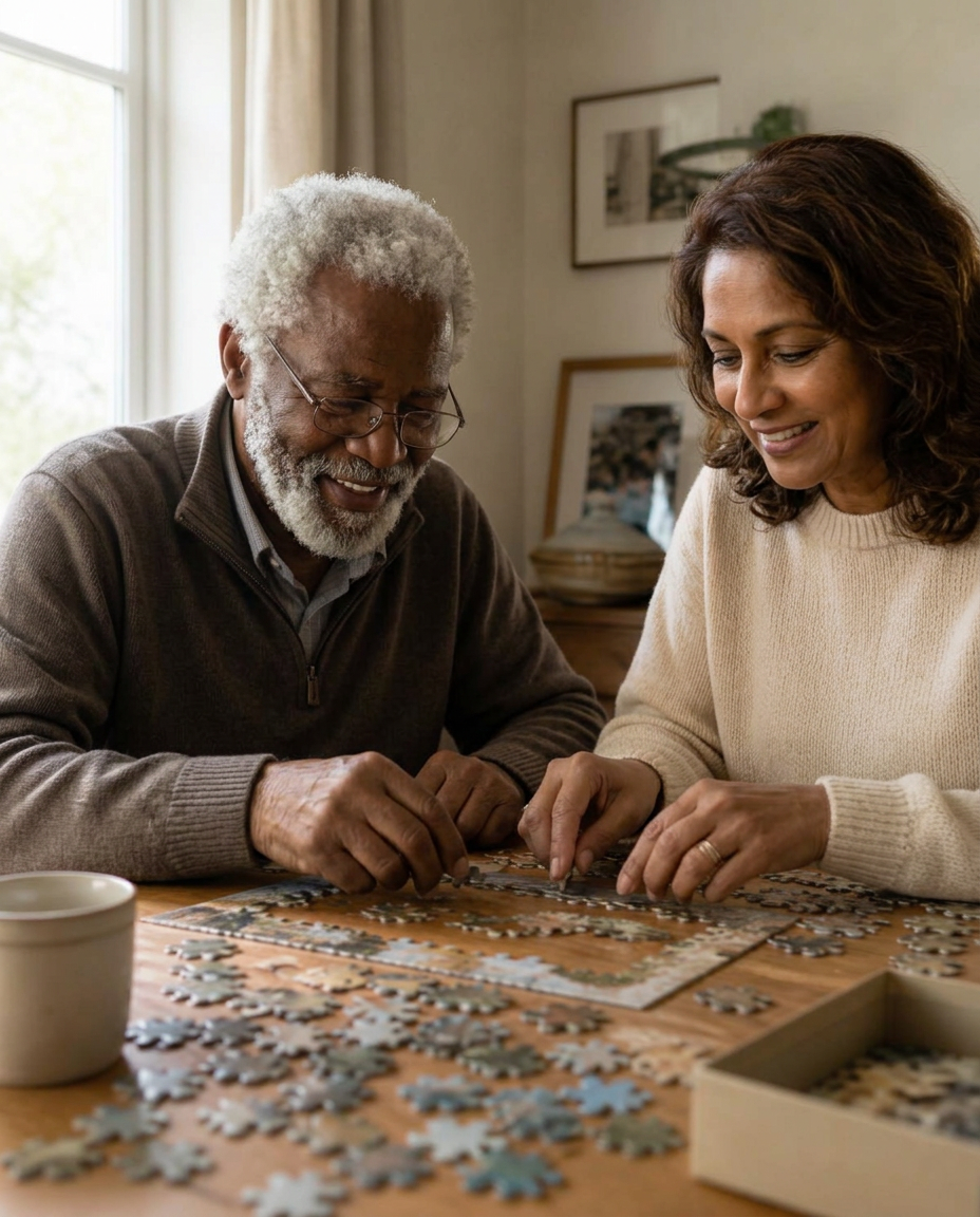 An older man and his companion working on a jigsaw puzzle at a wooden table
